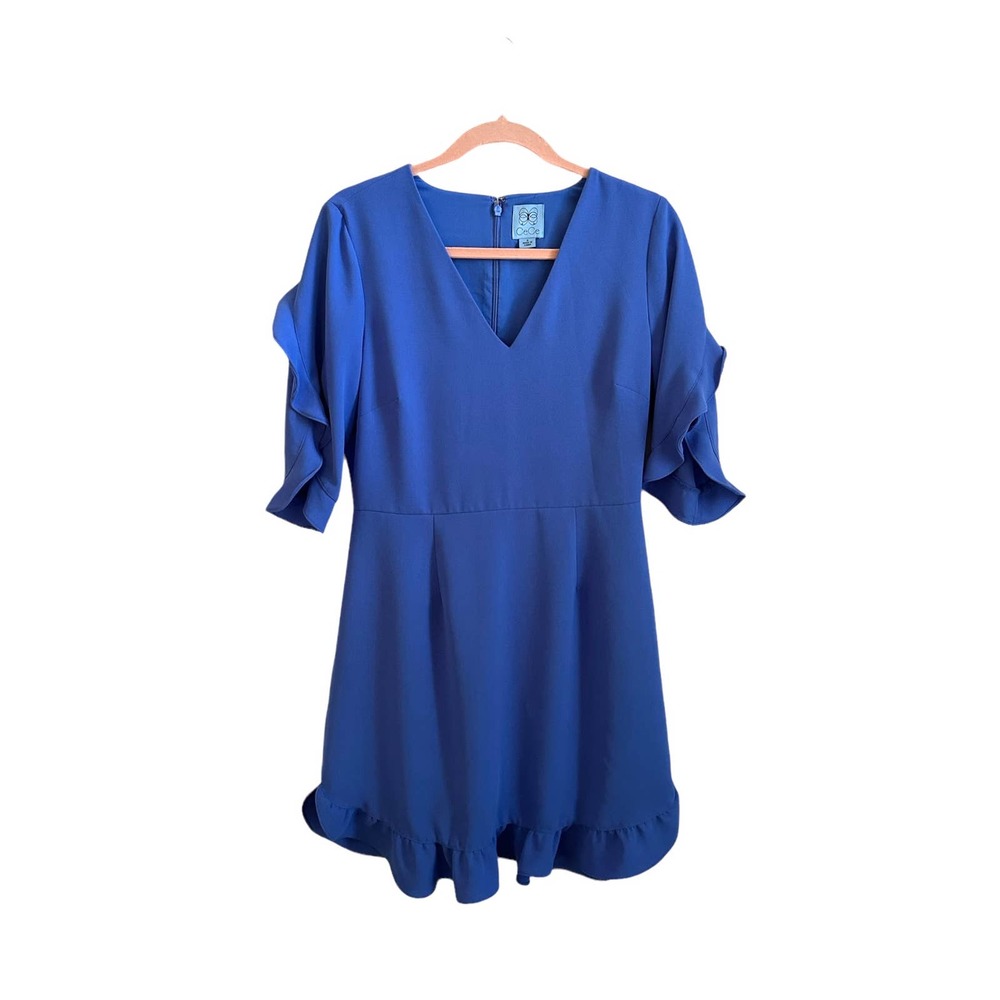 CeCe Royal Blue V-Neck Ruffle Hem Dress
